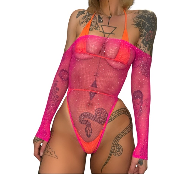 HOT PINK Rhinestoned Fishnet Bodysuit - EXOTIC DANCEWEAR - Picture 3 of 5